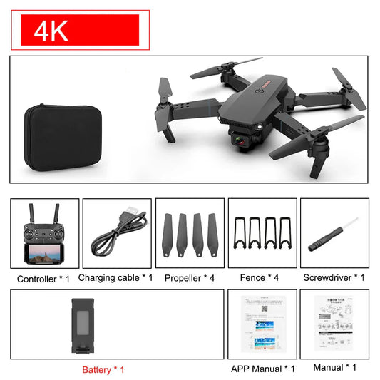 E88 Pro foldable camera drone in black with remote control