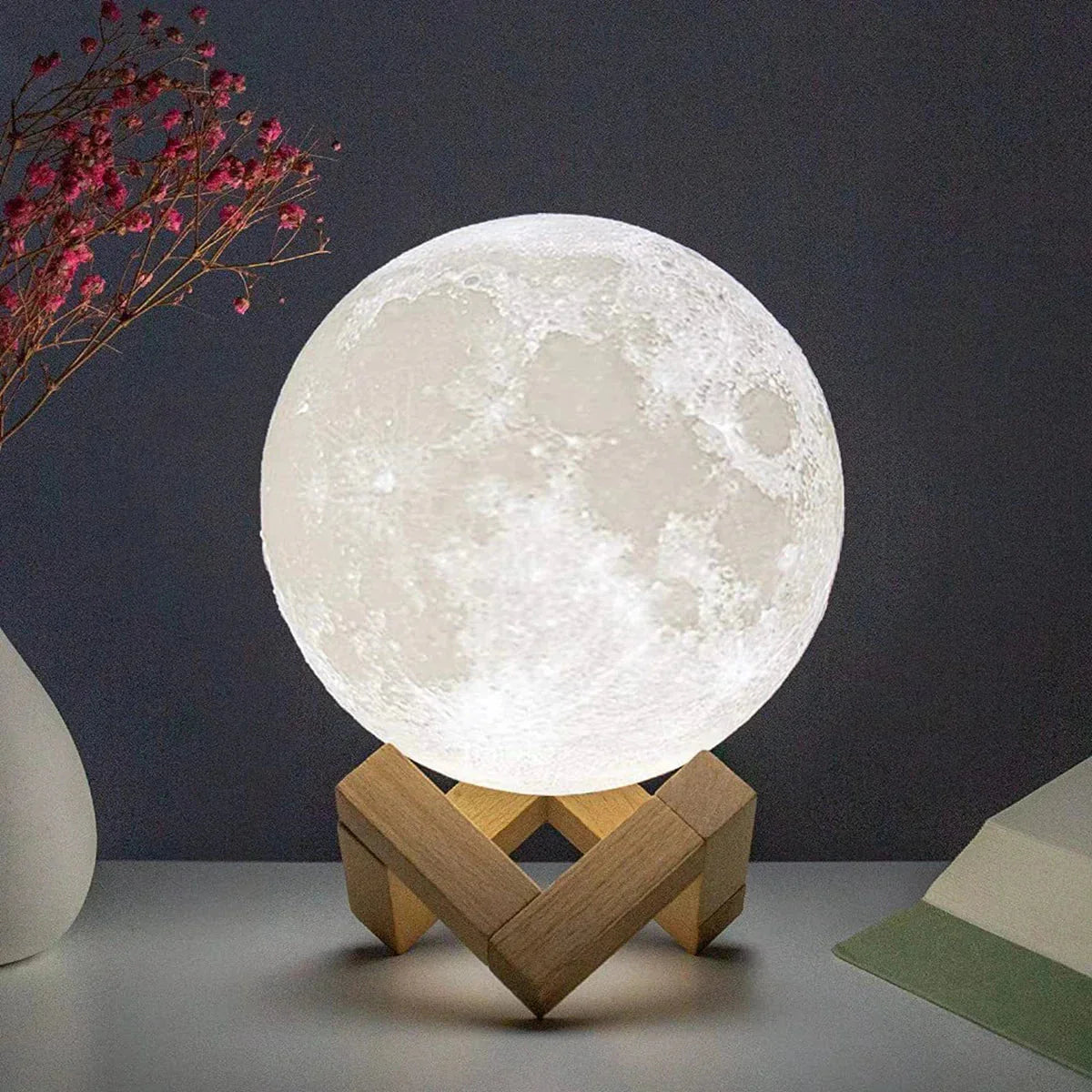 Starry moon lamp 8cm LED night light with brown wooden stand